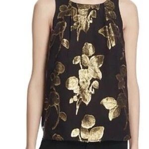 Joie Black and Gold Floral Sleeveless Silk Blouse